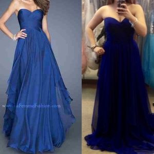 La Femme Navy Blue Strapless Gown Prom Dress